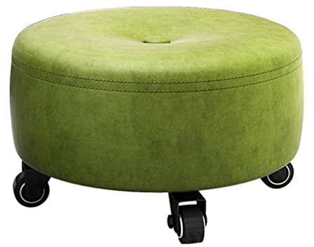 Versatile Low Rolling Stool with Wheels - Compact Footstool Swivel Roller Seat Leather Upholstered Small Stool in Grey & Yellow - Perfect for Home Office & Workshop