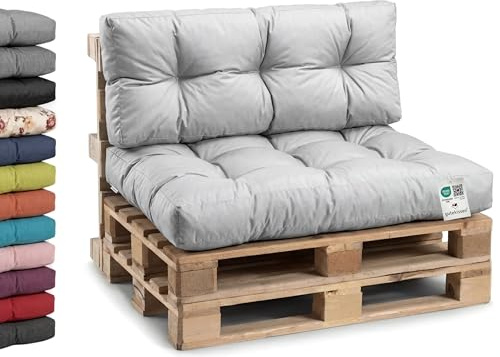 Gutekissen® Cojín para palé Resistente a la Intemperie, cojín para sofá de jardín, Muchos Colores y tamaños PPI (Juego (cojín 120 x 80 + Respaldo 120 x 40), Color Gris Claro y Resistente al Agua