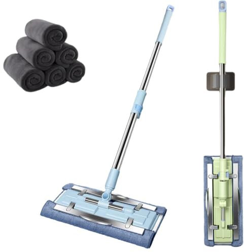 Mocio piatto grande con manico in acciaio inossidabile, manico lungo regolabile da 137,2 cm, sistema di pulizia in microfibra con 6 mocio di ricambio, mocio rotante a 360° per pavimenti in legno duro