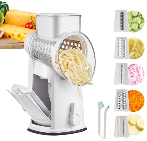 UFORU Rotary Cheese Grater Hand Crank, 5 in 1 Mandoline Vegetable Slicer - 5 Sets of Blades,Strong Suction Base&Easy to Clean - Kitchen Cheese Grater Shredder with Handle for Fruit,Vegetable,Nuts