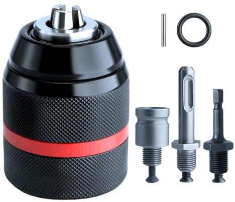 3-in-1 Keyless Drill Chuck Adapter, 1/2-20 UNF Thread, 1.5-13mm Capacity, with 1/4 Hex, 1/2 Sq, 3/8 SDS-Plus Adapters for Impact Driver, Wrench, Rotary Hammer