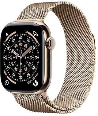 Apple Watch Series 11 GPS + Cellular 42mm Smartwatch with Gold Titanium Case with Gold Milanese Loop. Sleep Score, Fitness Tracker, Health Monitoring, Always-On Display, Water Resistant