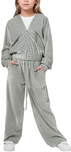 FEOYA Girls 2 Piece Velour Fleece Sweatsuit Kids Winter Warm Hooded Clothes Set Sports Velvet Zip Up Tracksuit