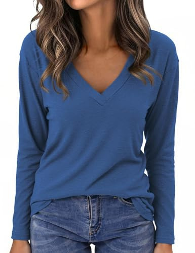 Aottori Sottogiacca Donna Maniche Lunghe Scollo a V Maglia Oversize Larga Maglietta Elasticizzato Leggero Tee Shirt Basic Sexy Top Elegante Casual Blu L