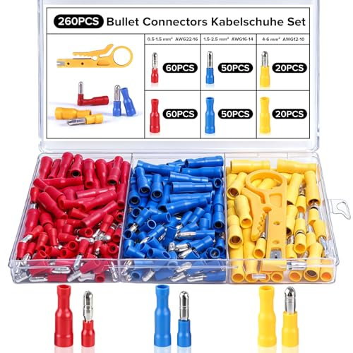 Realure 260 Stück Rund Quetschverbinder Kfz, Kfz Kabelschuhe Set Motorrad met Kunststoff-Abisolierzange, 3 Typen Farben 0.5-6.0mm² Wasserdicht Rundsteckverbinder Weibliche und Männliche
