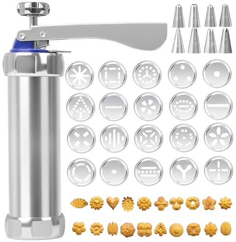 Gebäckpresse für Spritzgebäck Edelstahl, mit 20 Schablonen und 8 Edelstahl Tüllen, Kekspresse, Spritzgebäck Presse, Plätzchenpresse Pistolen Set, Teigspritze, für Kekse Kuchen Plätzchen