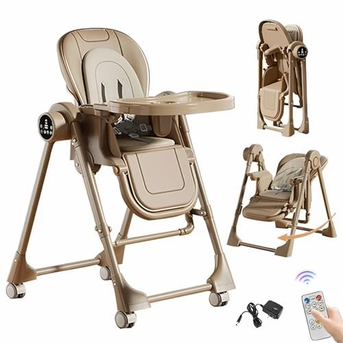Chaise haute multifonction pour bébé, pliable avec télécommande, ceinture de sécurité à 5 points, plateau divisé à 2 niveaux, siège inclinable réglable, pour bébé de 0 à 6 ans (kaki électrique)
