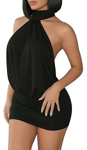 AMABILEMIA Robe courte sexy d'été pour femme noire élégante avec dos découvert et col haut, idéale pour soirée pour soirée et discothèque AM234