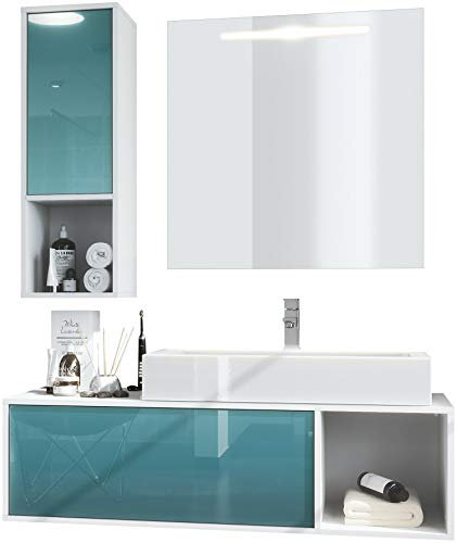 Vladon Badmöbel Komplettset La Costa, Made in Germany, Korpus in Weiß matt/Fronten in Petrol Hochglanz, mit Aufsatzwaschbecken, Armatur und LED Spiegel