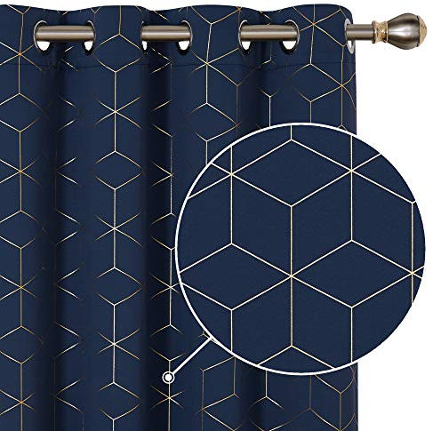 Deconovo Blackout Curtains, Gold Diamond Printed Eyelet Curtains, Home Decorative Room Darkening Curtains for Bedroom, 46 x 54 Inch(Width x Length), Navy Blue, One Pair