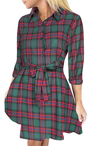 FANCYINN Robe Chemise Femme Manche Longue Robe à Carreaux Casual Hiver Tunique Blouse Mini Robe,S,Rouge Vert Bleu