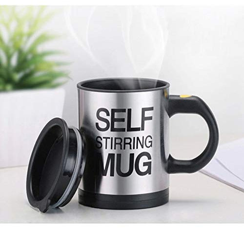 Self Stirring Coffee Mug, Stainless Steel Electric Coffee Mug with Lid 450ml for Coffee Tea Hot Chocolate Milk and Cocoa (Black, Batteries Not Included)