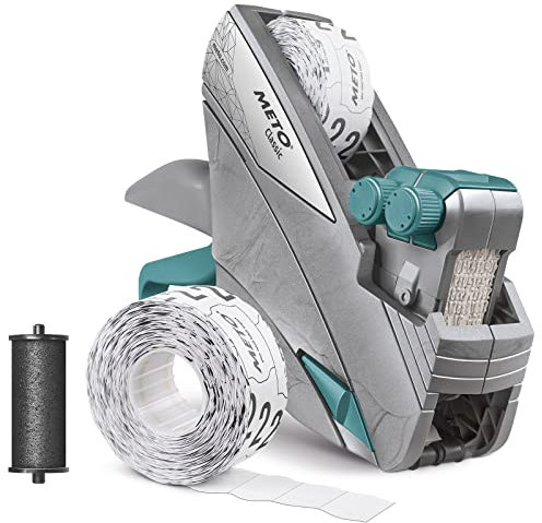 Meto Classic M Preisauszeichner Set – Preis, Grundpreis (Red Dot Design Winner 2021, 2-zeilig, 16-stellig, 26 x 16 mm Etiketten, sofort einsatzbereit), silber-teal