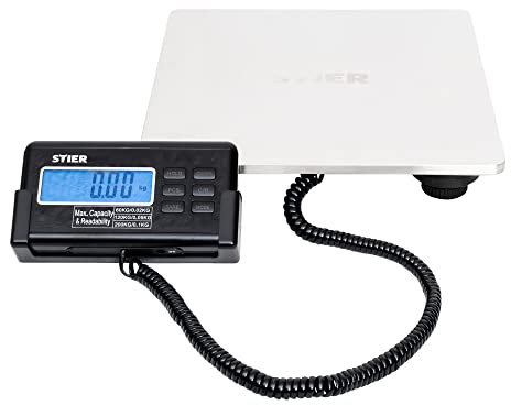 STIER Paketwaage, Plattformwaage, bis 200 kg, Edelstahlplatte, 30 x 30 cm, kg, oz und lb, verschiedene Wiegemodi