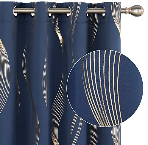 Deconovo Blackout Eyelet Curtains Thermal Insulated Gold Wave Line Foil Printed Curtains for Bedroom 52x84 Inch Navy Blue 2 Panels