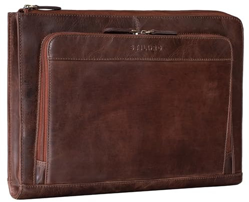 STILORD 'Dillon' Leder Aktenmappe Konferenzmappe 13 Zoll Laptoptasche Vintage Dokumentenmappe Schreibmappe DIN A4 Businessmappe Portfolio Mappe Echtleder, Farbe:Lyon - braun