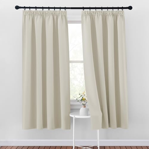 PONY DANCE Blackout Pencil Pleat Curtains, Light Beige, W46 x L72 Inch | Thermal Insulated Curtains with Noise Reducing & Privacy, Luxury Soft Window Treatment for Bedroom & Living Room, 2 Panels
