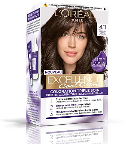 L’ORÉAL PARIS - Coloration Cheveux Permanente Triple Soin - Anti-Reflets Jaunes - Couvre 100% des Cheveux Blancs - Excellence Cool Crème - Nuance : Châtain Ultra Cendré (4.11)