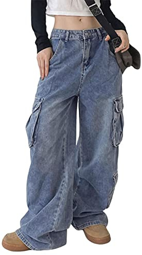 MAEHARRT Damjeans, hög midja, säckiga denimbyxor, Y2k, breda ben, överdimensionerade jeans, trendiga streetwear byxor, #1-2blå, S