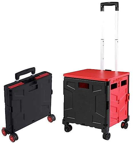 25 kg shoppingvagn hopfällbar förvaringsvagn | hopfällbar vagn med 4 hjul | bärbar vagn med teleskophandtag | mångsidig verktygsvagn – röd och svart