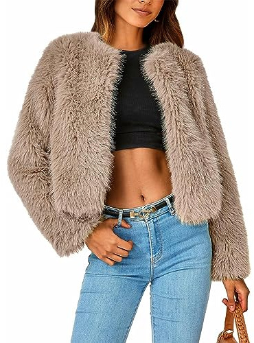 FeMereina Women's Winter Coats Fleece Cropped Faux Fur Jacket Solid Color Long Sleeve Shaggy Warm Outerwear Fall Clothes (Khaki, S)