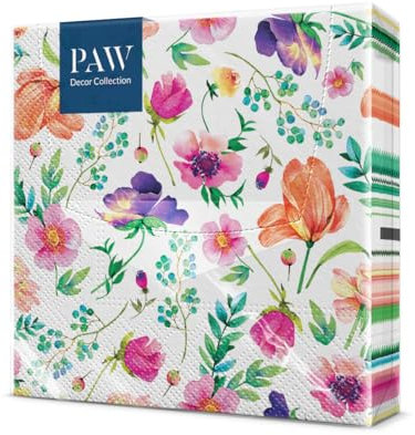 PAW - Servietten 3-lagig (33 x 33 cm) I 20 Stück I Perfekt für Geburtstage, Partys, Hochzeiten, Kommunion und Feiern I Tischdeko Bunte Papierservietten - Bunte Blumen Flora I Flower Arrangment