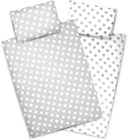 PinkZebra Baby- & Kinderbettwäsche doppelseitig: Decke 100 x 135 cm + Kissen 40 x 60 cm, für Mädchen & Jungs aus 100% Baumwolle, Öko-Tex Standard 100, Made in EU, Sterne Grau