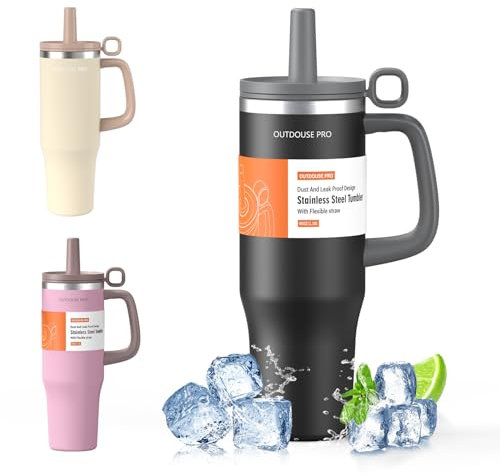Mug Isotherme avec Paille et Poignée 1200ml, Thermos Isotherme en Acier Inoxydable avec Couvercle Étanche, Mug de Voiture, Tasse Isotherme Café pour Boissons Chaudes ou Glacées, Noir