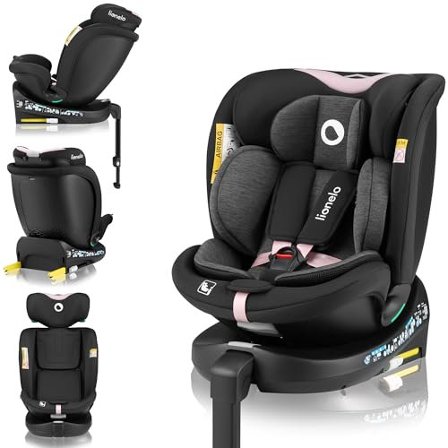 LIONELO NAVY i-Size 360o Siège auto pivotant pour enfants 40–150 cm, groupe 0+1 2 3, installation ISOFIX à l’avant et à l’arrière et support stabilisateur, Dri-Seat (Pink)