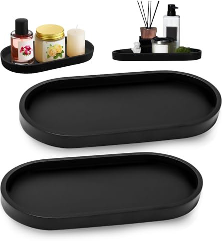 UICCVOKK 2 Stück Badezimmer Tablett, Deko Tablett, Schwarz Ablage Silikon, Schminktisch Ablageschale, Badezimmertablett für Wohnzimmer, Waschbecken, Bad, Badewanne und Küchenspüle (Oval)