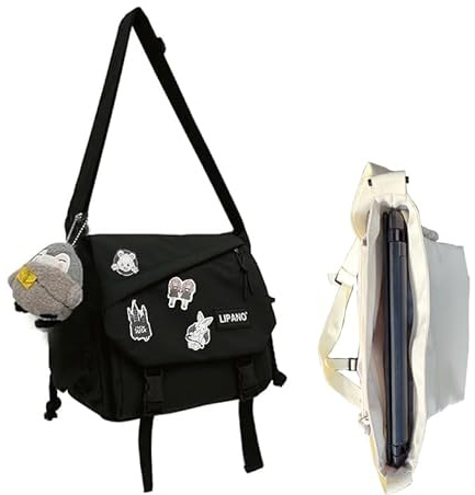 Inshere Borsa a tracolla estetica, graziosa borsa messenger per donne e uomini, borsa kawaii giapponese Y2K con spille carine e ornamenti, Computer portatile L-black-fit, 15.7 x 4.7 x 11.8