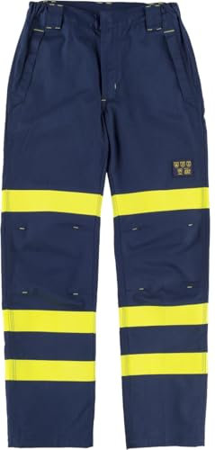 WORKTEAM B1496 Pantalón Ignífugo, Antiestático con protección para Soldadura y Arco Eléctrico, Visibilidad Realzada, Slim Fit, Cintas Fluorescentes Amarillas y Triple Costura. Unisex Azul XL