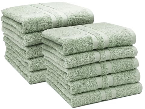 ZOLLNER 10er Set Handtücher in 50x100 cm - Flauschige Duschtücher aus Baumwolle - mit moderner Streifenbordüre - bis 60°C waschbar - mit praktischem Aufhänger - in Salbei - Hotelqualität