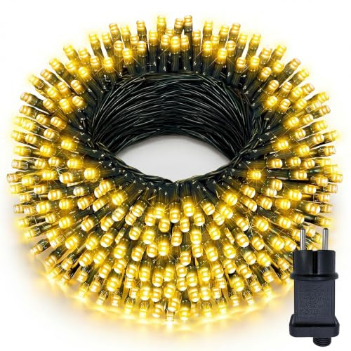 Hopelit Ljusslinga Utomhus 60m 600 LED Varmvit, 8 Lägen med Sladd 31V-6W, Minne och Timer, IP44 Vattentät, Mörkgrön Kabel, Perfekt för Bröllop, Fest, Trädgård, Jul