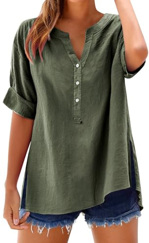 HUIFUAO Button down-linnetröjor för kvinnor V-ringad kortärmad dam t-shirt plus size sommar basic lös svart t-shirt toppar tunika, Z01 Grön #1, XL