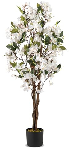 COSTWAY 120 cm konstträd med blommor, konstgjord växt i kruka, konstgjord bougainvillea träd, falsk krukväxt, konstgjorda växter för inomhus, utomhus, sovrum, kontor, trädgård, dekoration (vit, 1)
