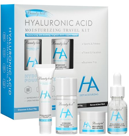 HochoLii Coffrets cadeaux Coffret de Soin Visage Hydratant 4 Pièces – Kit de Voyage avec Nettoyant Visage, Lotion Tonique Rafraîchissante, Sérum Nourrissant et Crème Hydratante à l’Acide Hyaluronique
