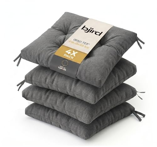 Bjird Wasserdichtes Stuhlkissen 45x45 cm – Gartenkissen für Stühle & Sessel – Dickes Sitzkissen 6 cm – Outdoor Sitzauflage für Gartenmöbel – Wetterfest & Pflegeleicht - 4er Set - Graphit
