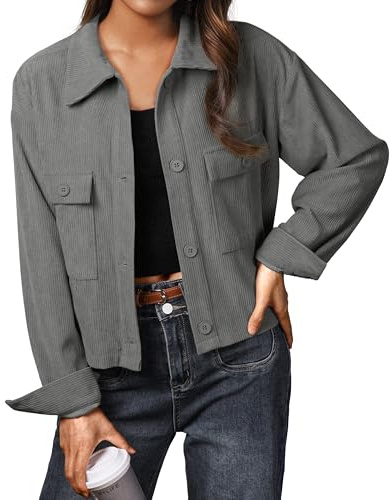IWOLLENCE Giacca in velluto a coste da donna, giacca camicia, camicia in velluto a coste, giacca corta, maniche lunghe, risvolto, bottoni, shacket, cappotto, grigio., S