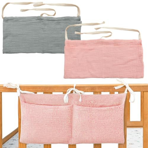 JYNVO 2 Pcs Sac Rangement pour Lit Bébé, Organiseur De Chambre De Bébé Suspendu, Organisateur De Lit De Bébé 2 En 1 avec 2 Poches, pour Stocker des Vêtements, des Couches, des Jouets (Bleu, marron)