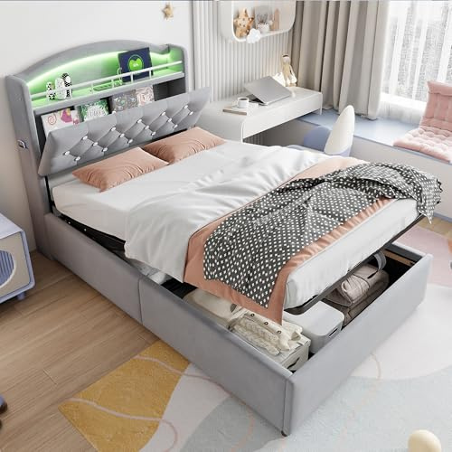 LAKFEW Cama 90x200 cm Camas Juveniles con USB y LED, Cama Individual Cama 90 con Almacenamiento Hidráulico y Cabecero Almacenaje, Camas Individuales Tapizada, Terciopelo, Gris, Sin Colchón