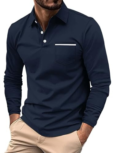 Polo à manches longues pour homme - Matériau en coton décontracté avec poche sur la poitrine, détail de col à boutons classique, coupe confortable adaptée aux parties de golf et aux rassemblements