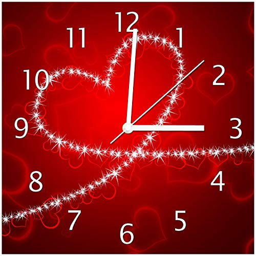 Wallario Design-Wanduhr Leuchtendes Herz aus Sternen vor rotem Hintergrund aus Glas, Motiv-Uhr Größe 30 x 30 cm, weiße Zeiger