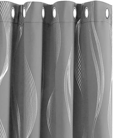 Deconovo Blackout Curtains Grey W52 x D90 Inch Silver Wave Line Foil Printed Light Blackout Curtains Thermal Insulated Curtains Eyelet Curtains for Baby Nursery Light Grey Two Panels