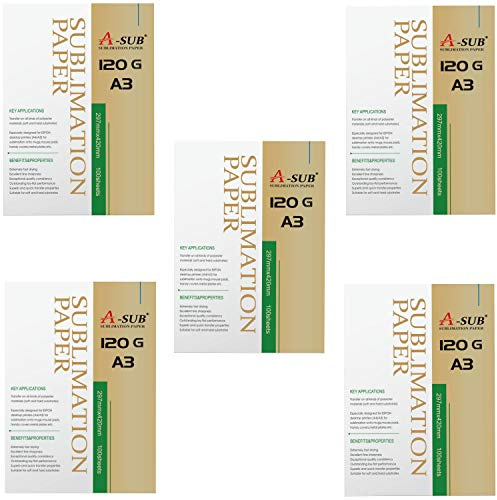 A-SUB Papier de sublimation A3, 297x420 mm, 500 feuilles, 120 g/m², compatible avec les imprimantes à sublimation EPSON, SAWGRASS, RICOH, Brother