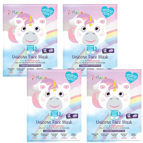 7th Heaven Unicorn Sheet Face Mask Gift Set, 4 Printed Masks for Sleepovers | Acai and pomegranate soothe sensitive skin with biodegradable designs, a playful kids' party favour for at-home pampering.