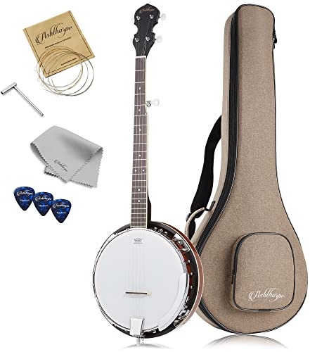 Ashthorpe 5-String Banjo, Left Handed - Full Size with 24 Brackets, Closed Back, Mahogany Resonator, and Geared 5th Tuner