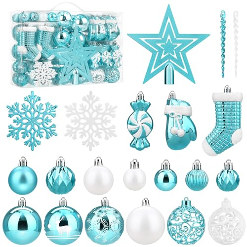 SOLEDI® 128er Set Premium Weihnachtskugeln Kunststoff Blau Weiß mit Baumspitze Stern - Robuste und Sichere Christbaumschmuck Set mit Aufhängen - Christbaumkugeln Bunt, Mehrweg Weihnachtsdeko