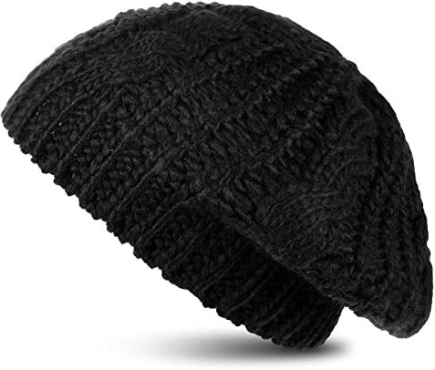 Damen Strickmütze Schwarz Baskenmütze Winter Geflochtene Baggy Warme Mütze Geflochtenes Barett für Damen Mädchen