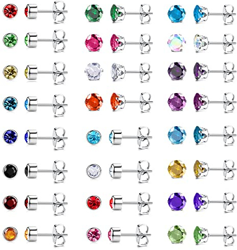 Dochais 24 Pairs Stainless Steel CZ Stud Earrings Set, Set Earrings Multicoloured, Women's Colourful Earrings Studs, Helix Piercing Cartilage Earrings for Women Girls Men 20G, Stainless Steel